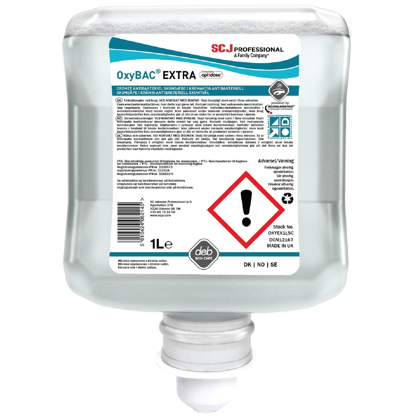 Skumsæbe Oxybac Extra 1ltr u. Parfume Desinficerende til Antibac 1000 Dispenser,6 stk x 1 ltr/krt