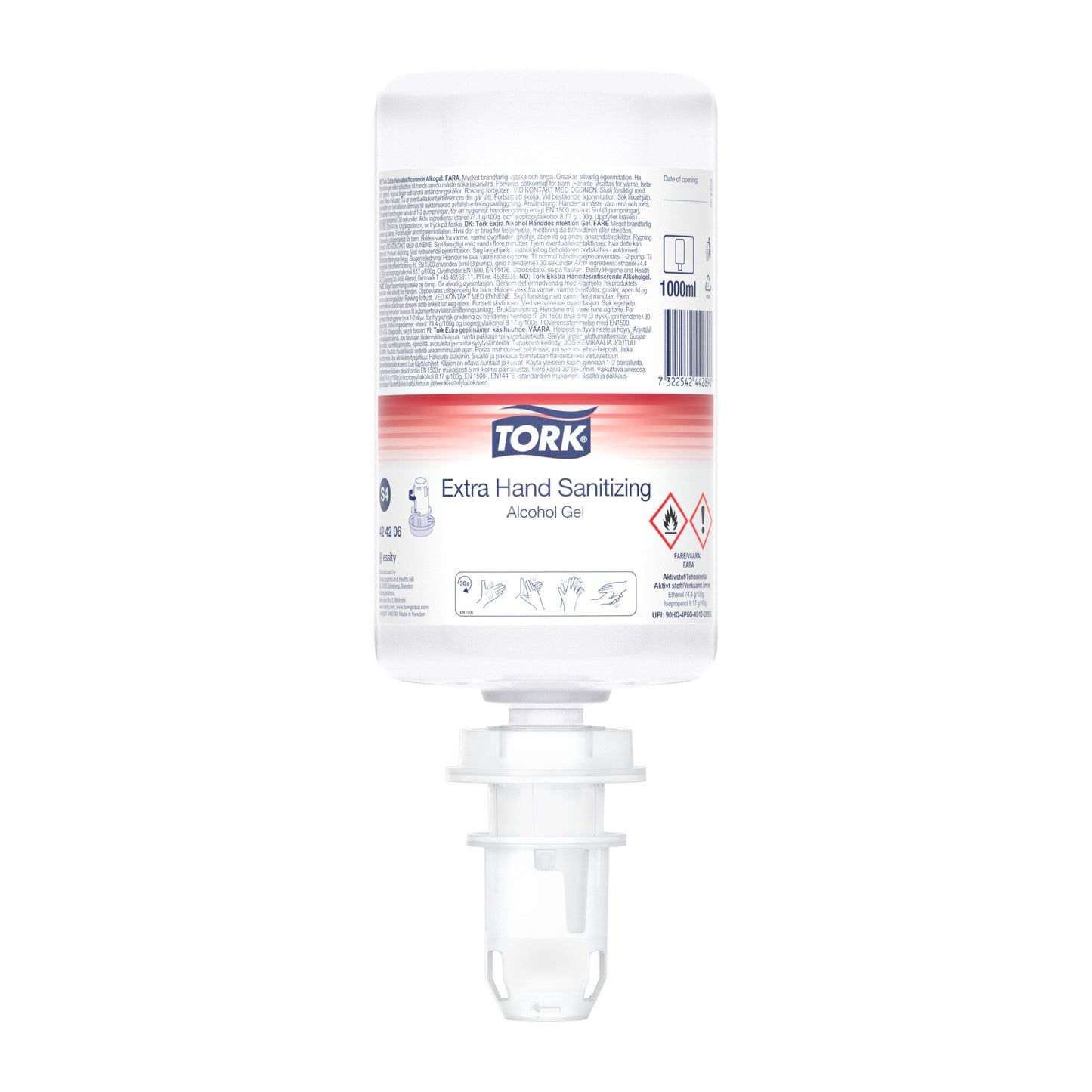 Hånddesinfektion Tork Gel Extra Hand Sanitizing 1ltr med Alkohol til S4 disp.,6 stk x 1 ltr/krt
