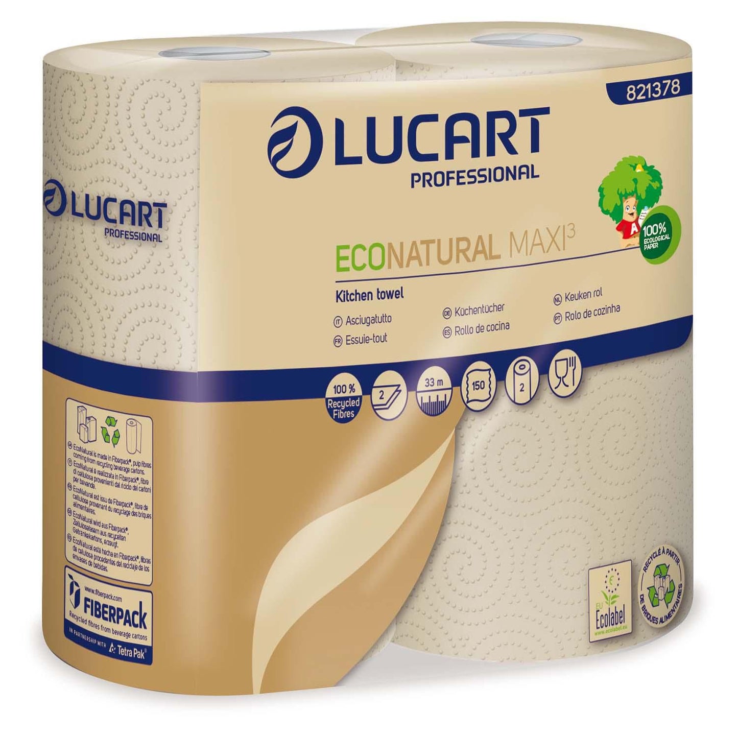 Køkkenrulle Lucart Econatural Maxi 2-lags Ø12.7cm L33mxB22.8cm Genbrug Natur,15 pk x 2 rl x 1 stk/krt