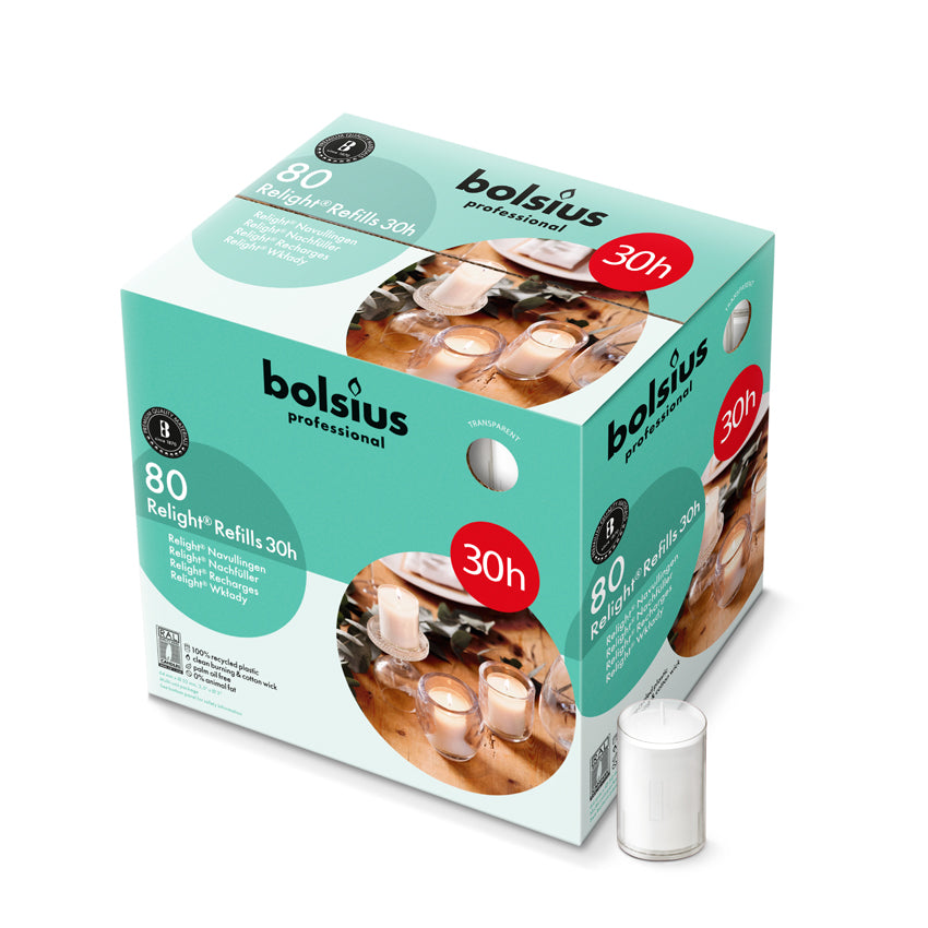 Refill Relight Brændetid 30 timer til Glaslys Klar,80 stk/krt