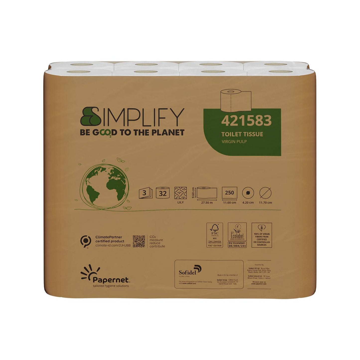 Toiletpapir Papernet Simplify 3-lag Ø11.7cm L27.5mxB9.60cm Nyfiber Hvid,32 rl/krt
