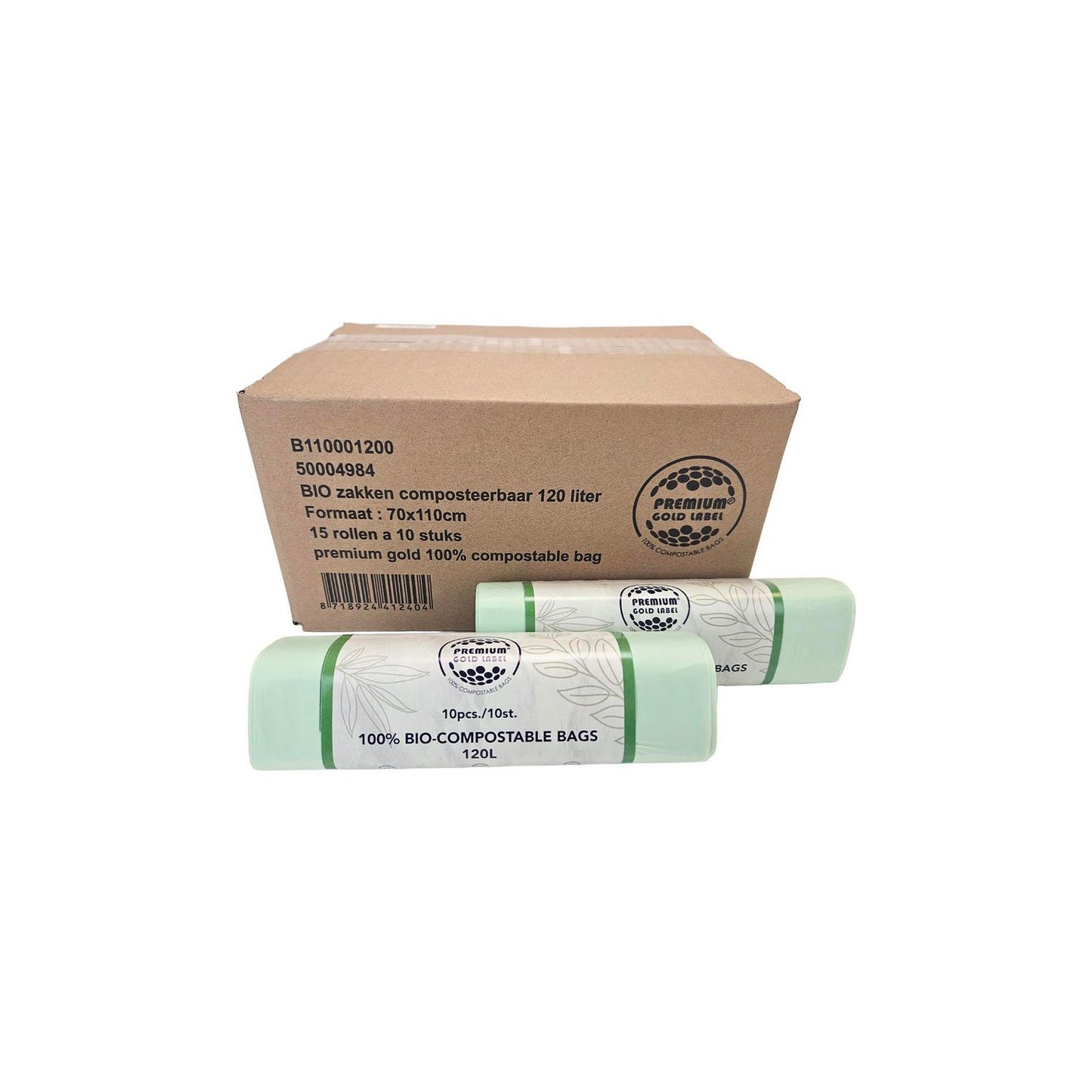 Sæk 100ltr B700xL1100 mm 18my PLA Komposterbar Standard Grøn,15 rl x 10 stk x 1 stk/krt
