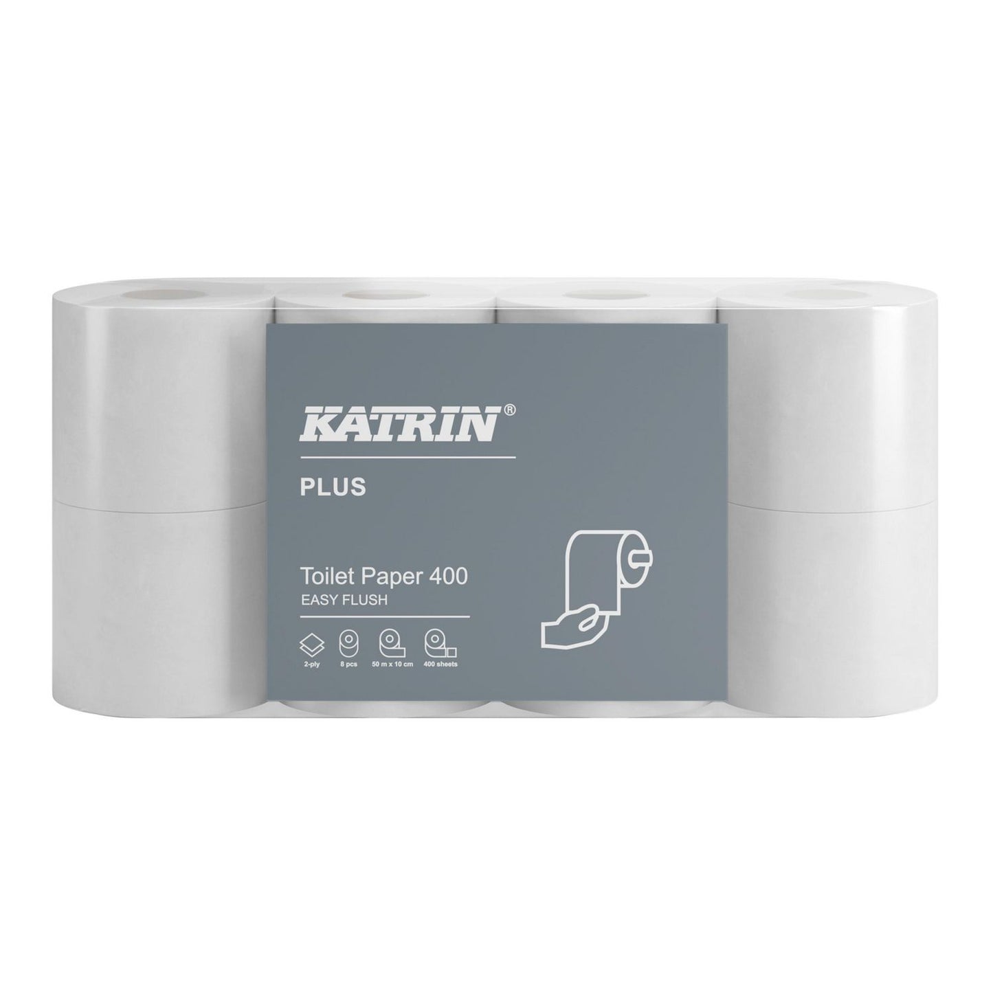 Toiletpapir Katrin Plus Easy Flush 2-lags Ø11.5cm L50mxB10cm Nyfiber Hvid,5 pk x 8 rl x 1 stk/sæk