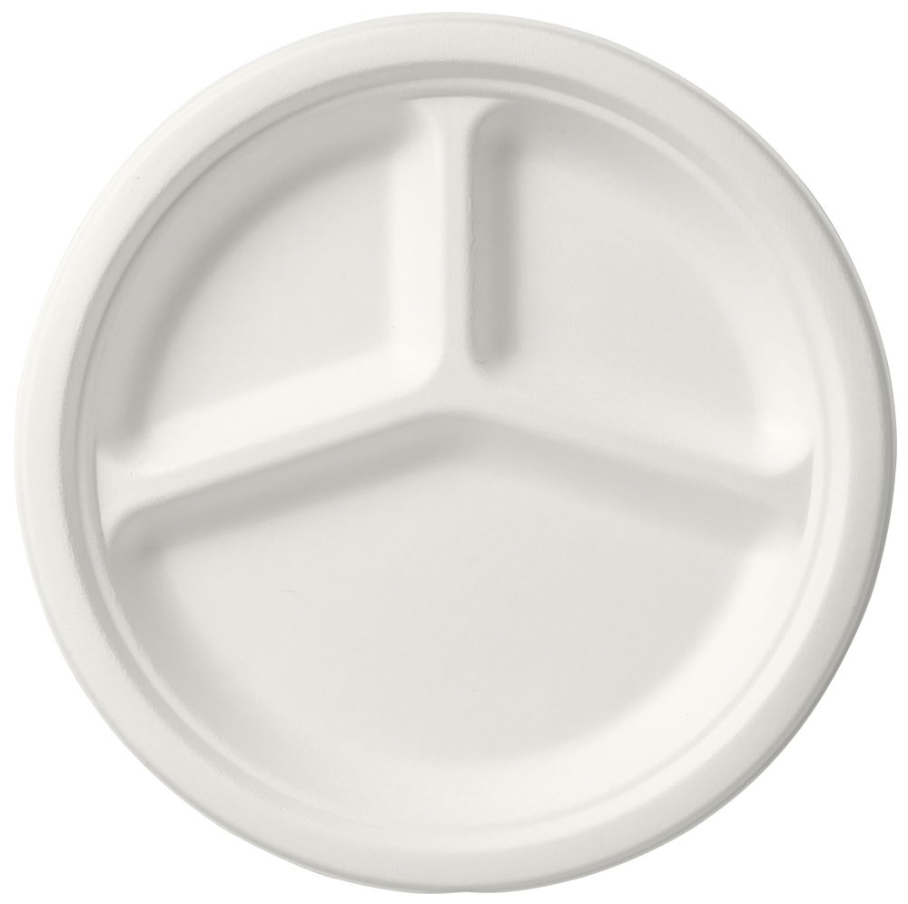Tallerken Ø26cm 3-rum Bagasse Hvid,50 stk/pk