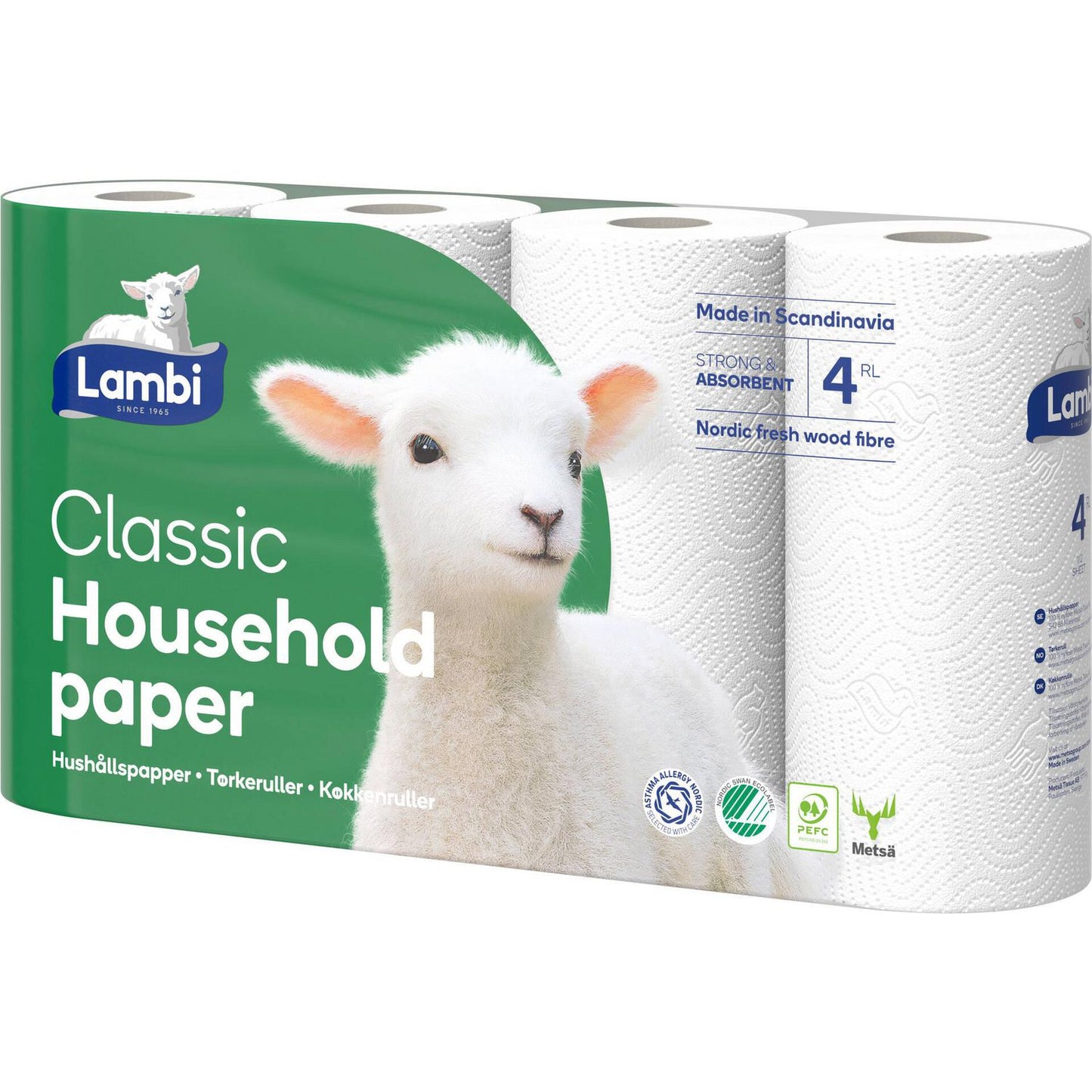 Køkkenrulle Lambi Classic 2-lag L12.33m Svanemærket Hvid,5 pk x 4 rl/sæk