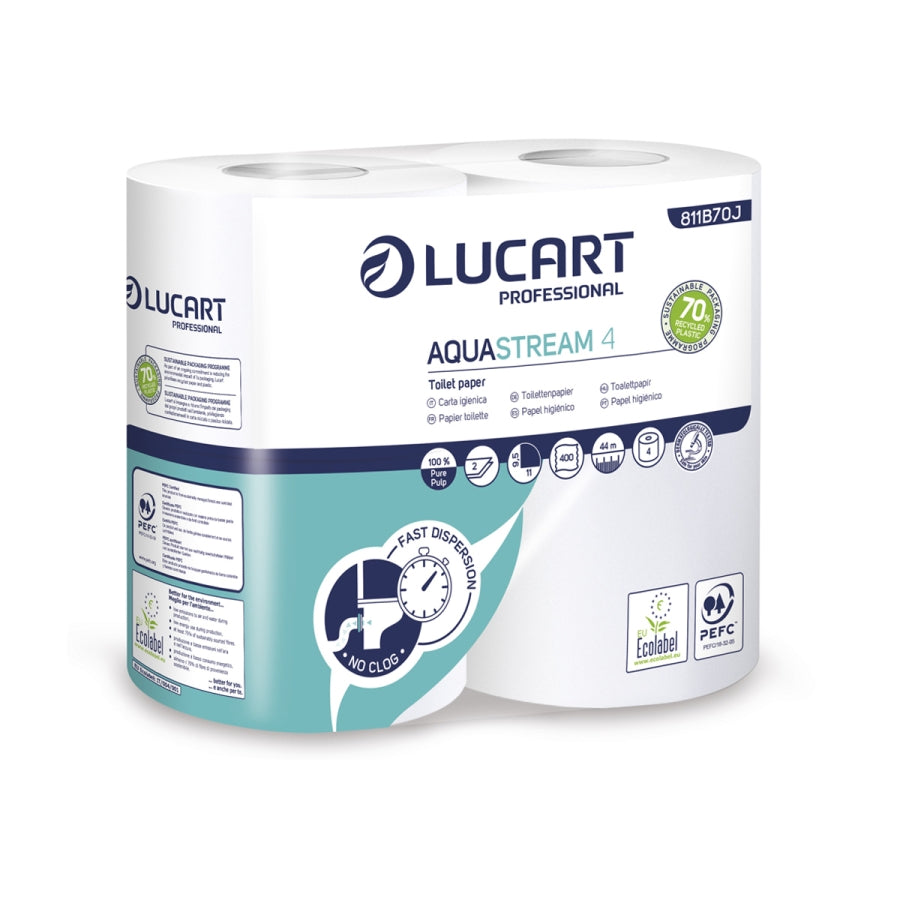Toiletpapir Aquastream4 B11cmxL44m 2-lags Ecolabel med Hylse Hvid Nyfiber,14 pk x 4 rl/krt