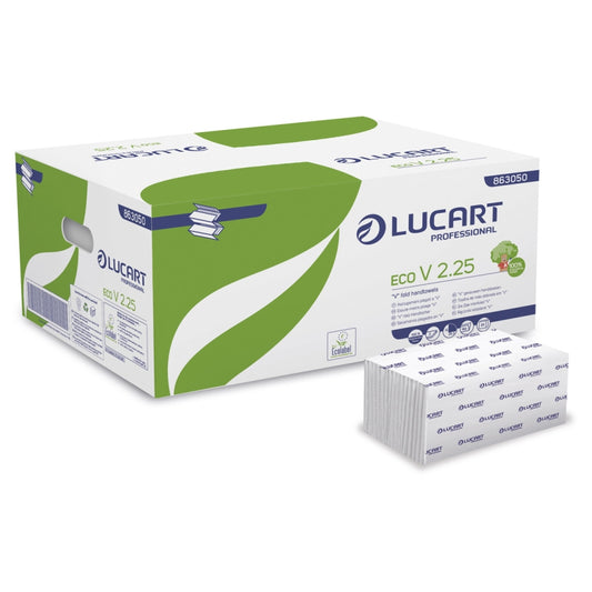 Håndklædeark Lucart Eco V-Fold L25xB21cm 2-lags Ecolabel Hvid,20 pk x 190 stk/krt