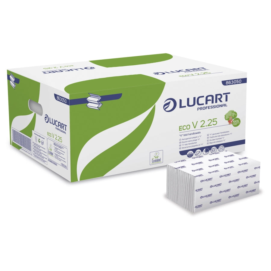 Håndklædeark Lucart Eco V-Fold L25xB21xD10,5cm 2-lags Ecolabel Hvid,20 pk x 190 stk/krt