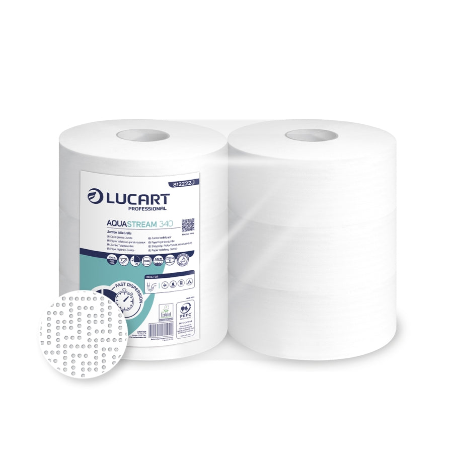 Toiletpapir Jumbo Aquastream 340 B9.1cmxL340m 2-lags Ecolabel med Hylse Hvid,6 rl/krt