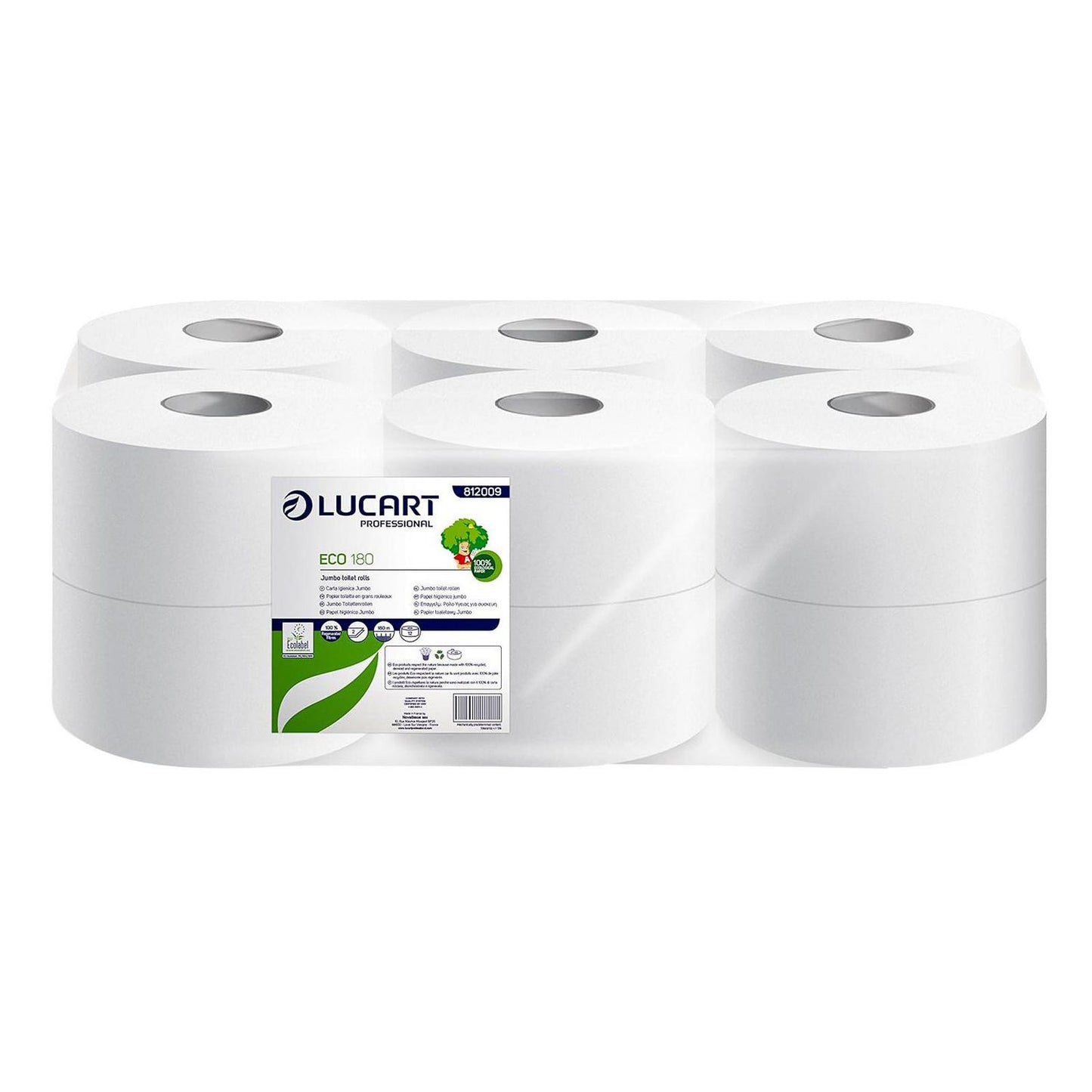Toiletpapir Jumbo Eco 180 2-lags B8.9cmxL180m Ecolabel Genbrugsfiber Hvid,12 rl/krt