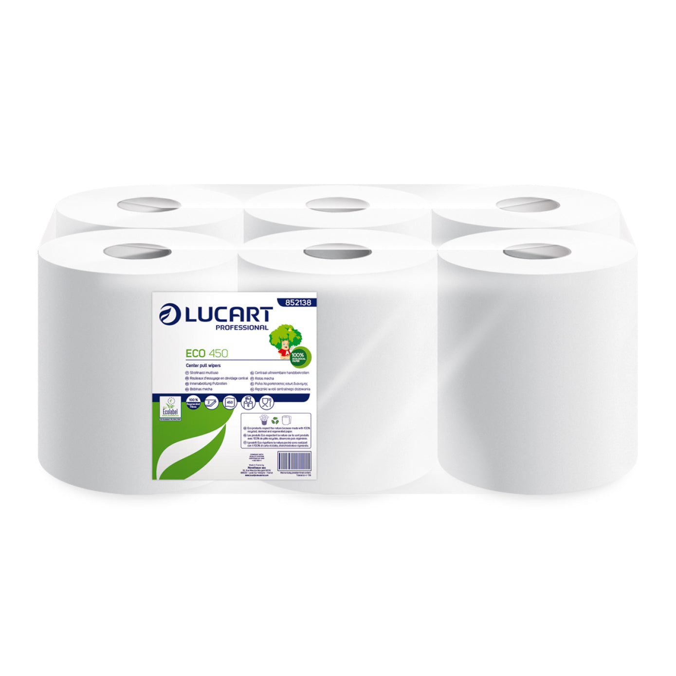 Håndklæderulle Lucart ECO 450 Ø165xH185mmxL150m 2-lag centerudtræk  Hvid,6 rl/krt