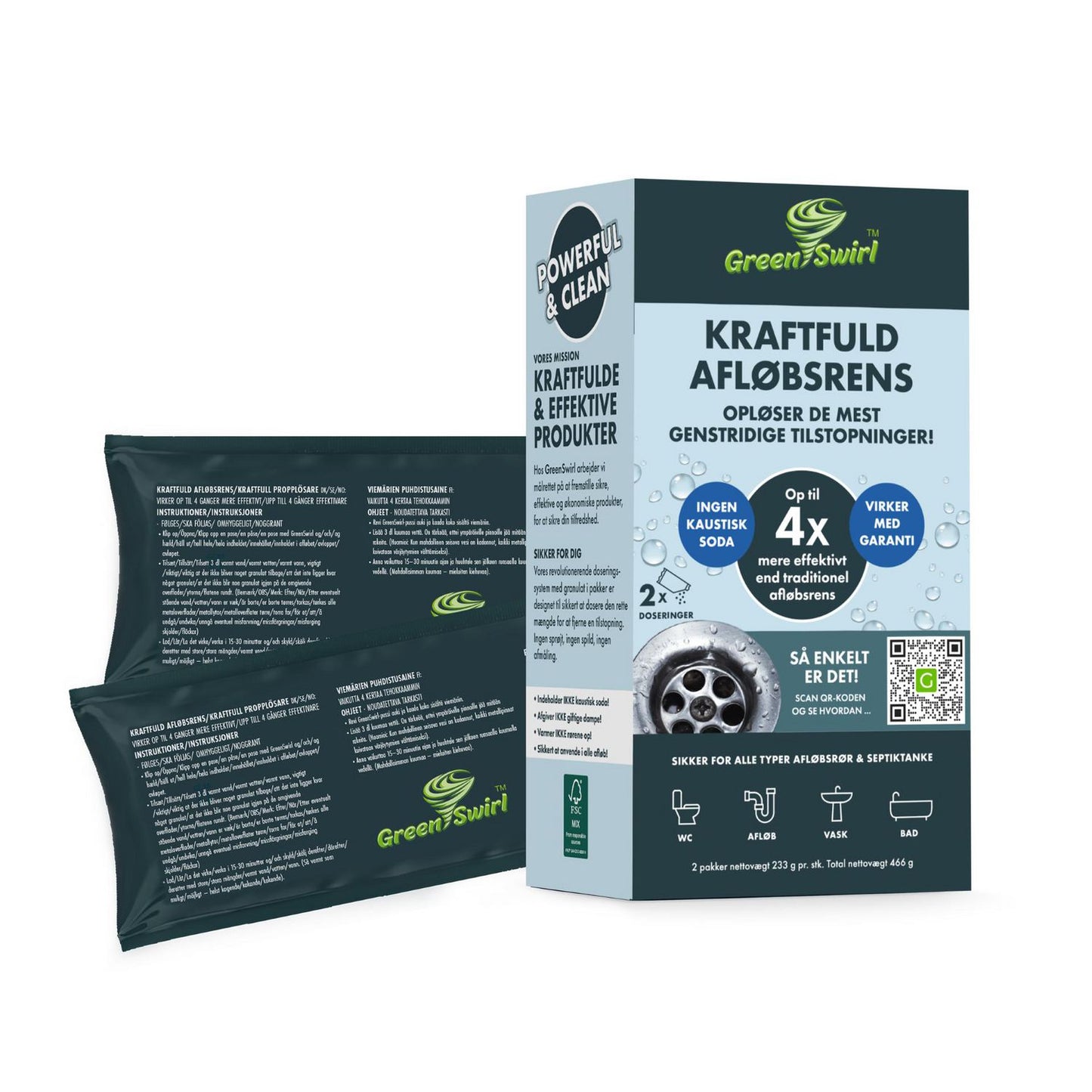 Afløbsrens Granulat GreenSwirl 2x233g uden Kaustisk soda til afløb/septiktanke,12 bk x 2 stk/krt