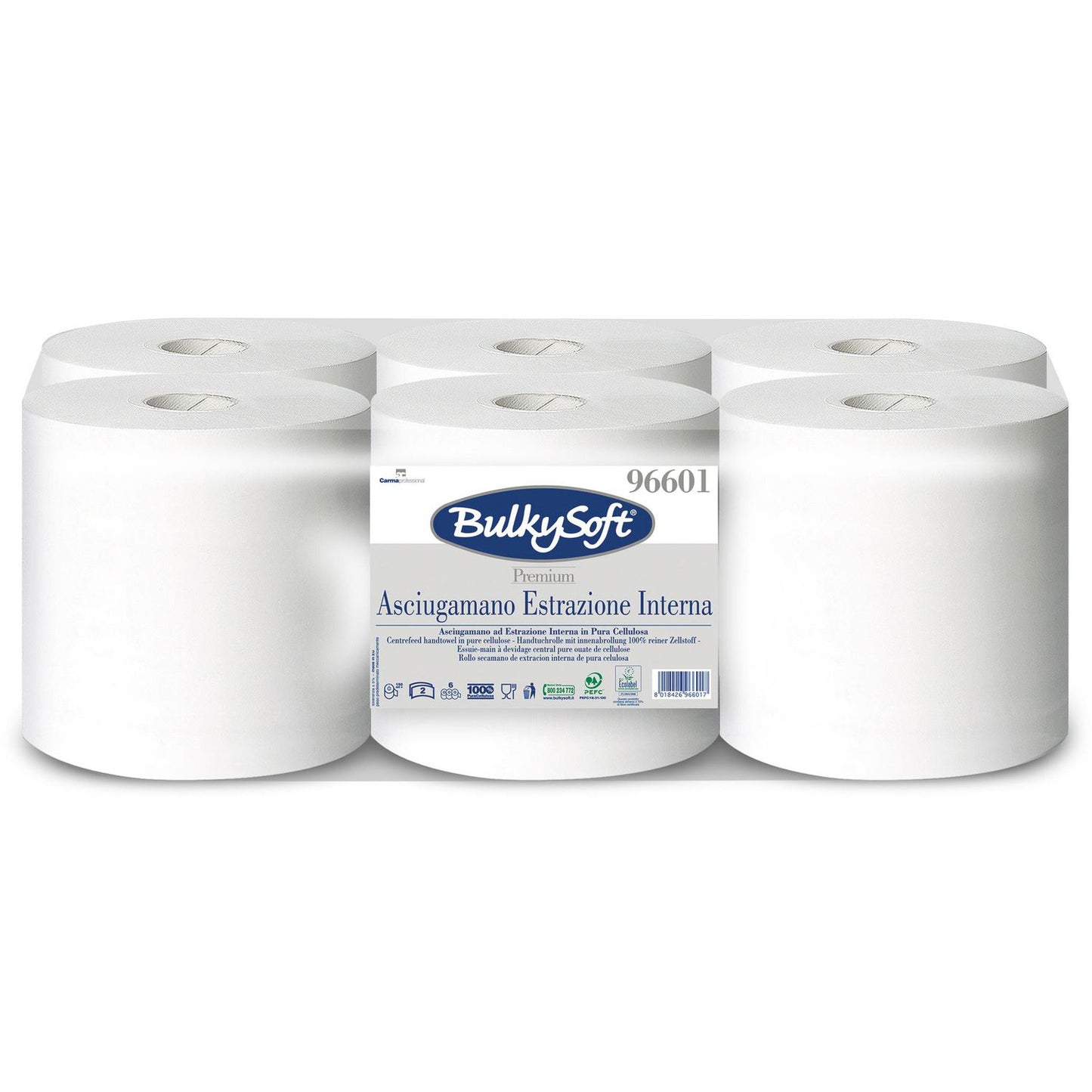 Håndklæderulle Bulkysoft Ø20xH19cmL150m 2-lags Ecolabel med Hylse Hvid,6 rl/sæk