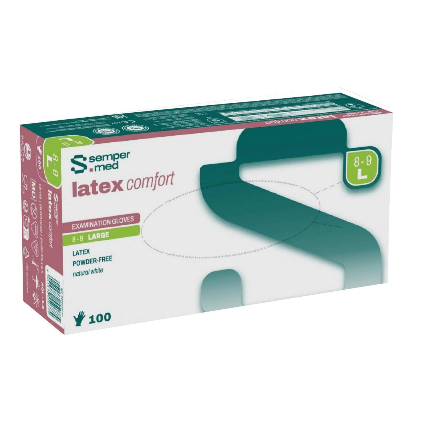 Handske Engangs Sempermed Comfort str L Latex uden Pudder Hvid AQL 1.5,100 stk x 1 stk/pk