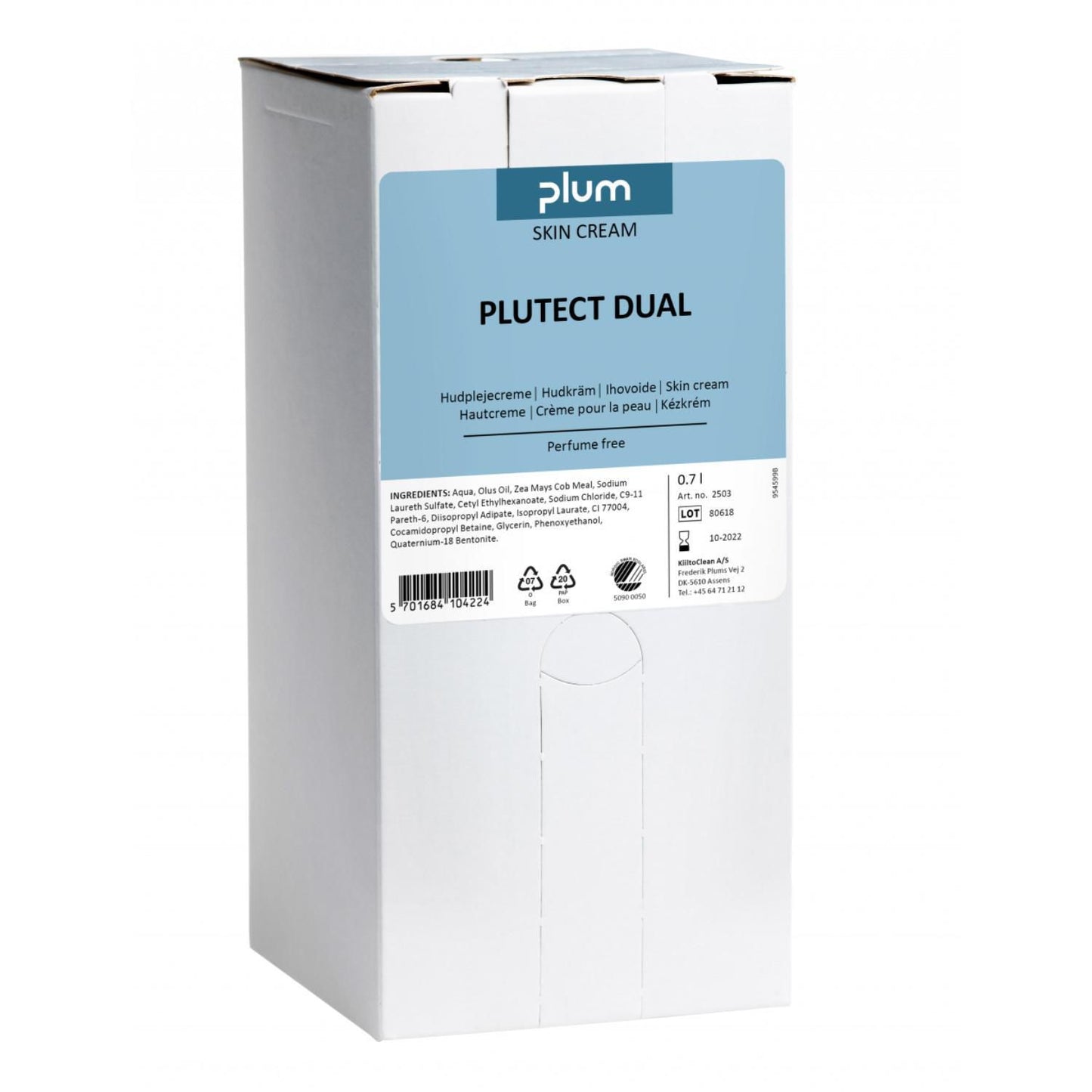 Hudcreme Plutect Dual 700ml Svanemærket uden Parfume Bag-in-box til før arbejde,700 ml/stk