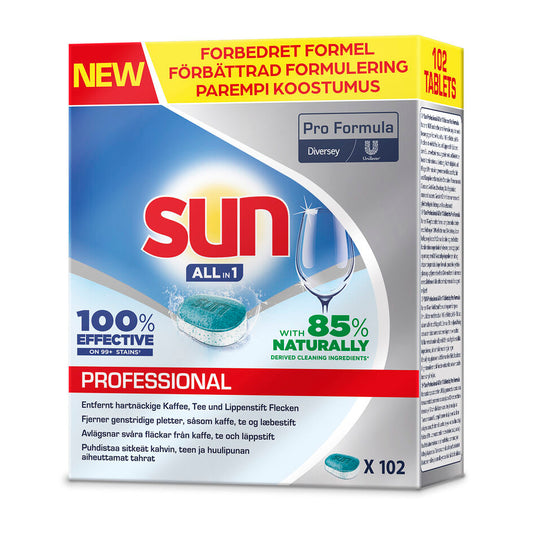 Maskinopvask Tabs Sun Pro Formula All in 1 102stk Ecolabel m Afsp/Salt Opløselig,4 bk x 102 stk/krt