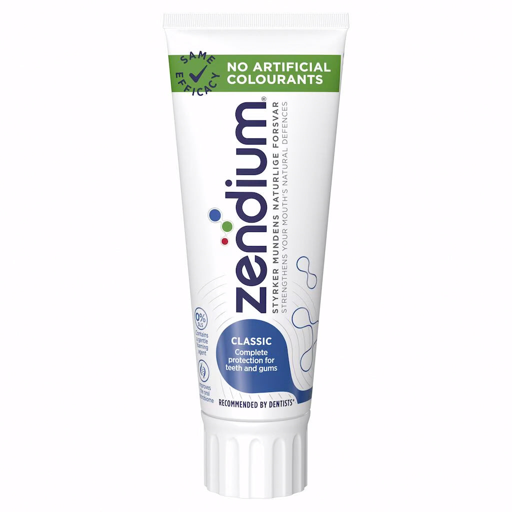 Tandpasta Zendium Classic stå-tube 1450 ppm flour 75 ml,12 tub/krt