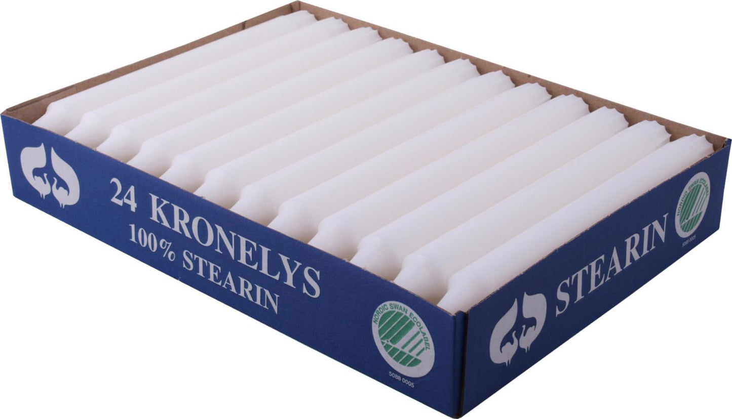Kronelys Ø22x200 mm Brændetid 7 timer Ren Stearin Svanemærket Hvid,6 pk x 24 stk/krt