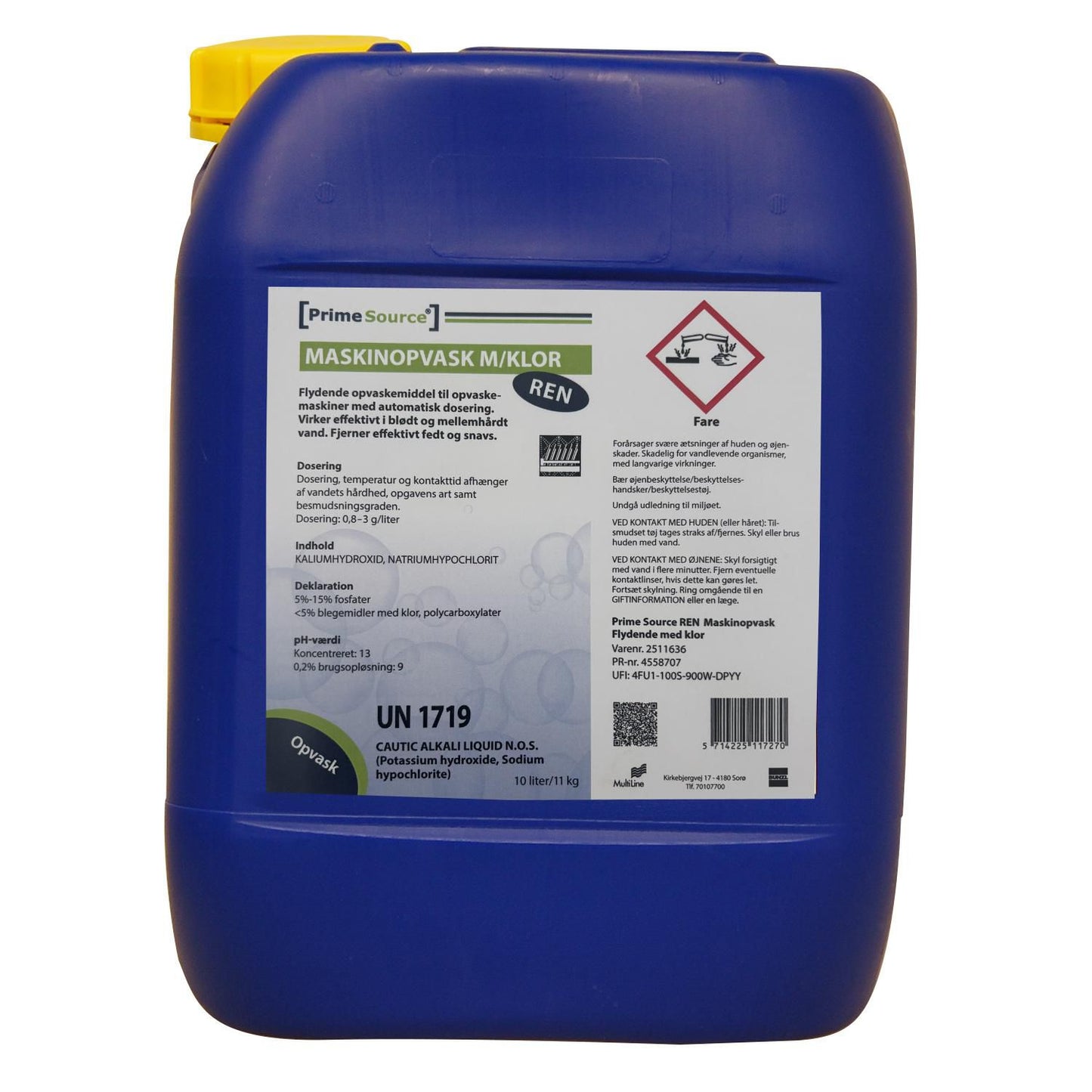 Maskinopvask Flydende Prime Source Ren 11kg med Klor Blødt/Middel,11 kg/dnk