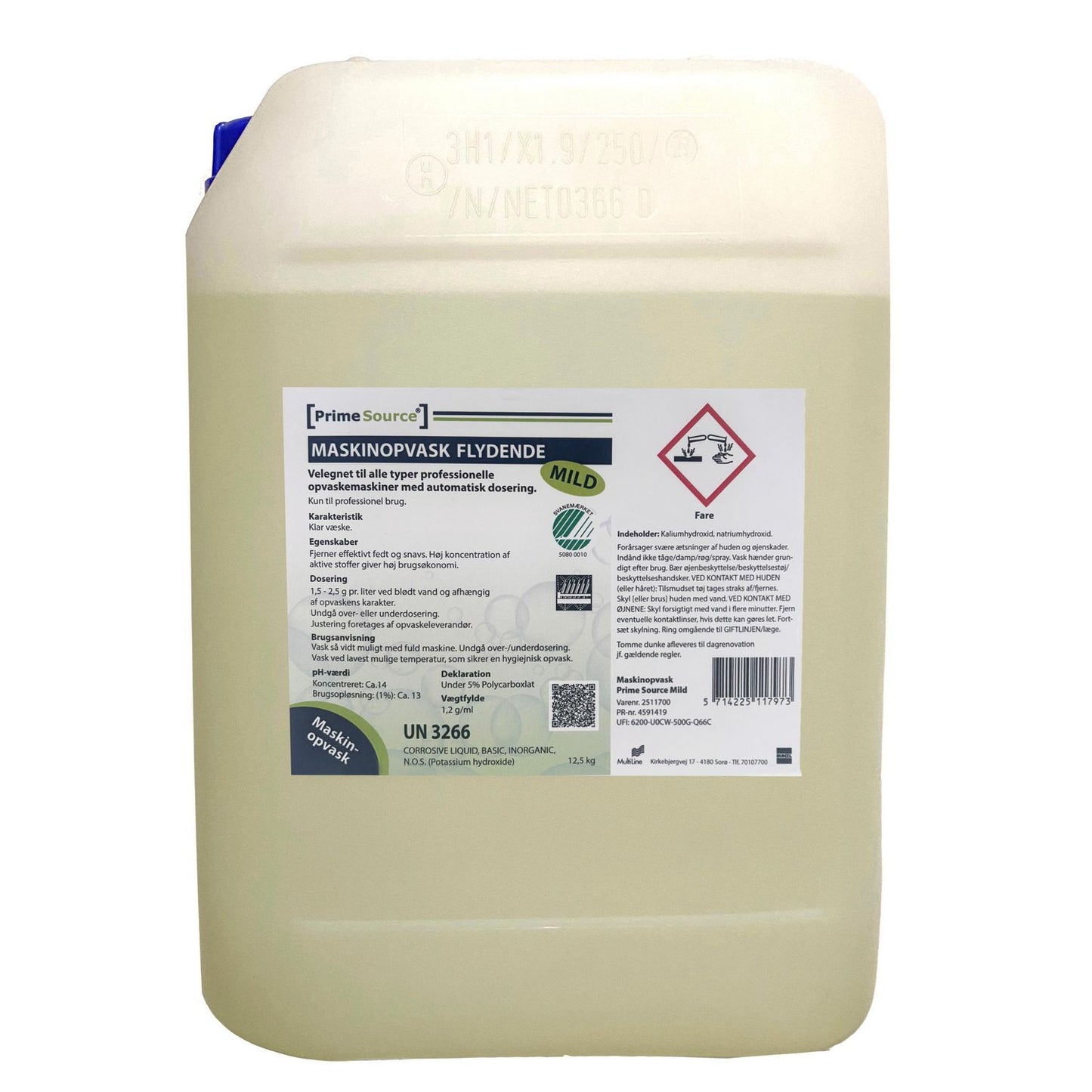 Maskinopvask Flydende Prime Source Mild 12.5kg Svanemærket uden Klor,12.5 kg/dnk