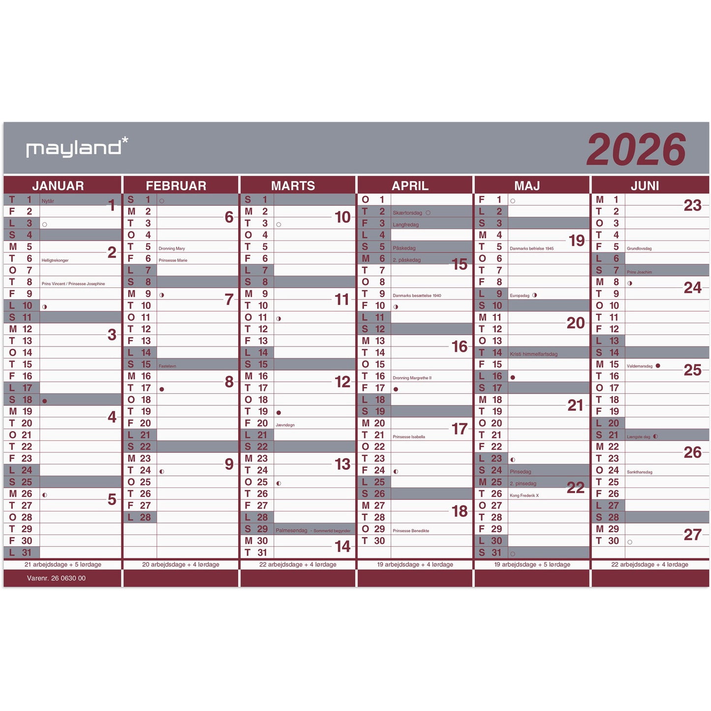 Mayland 2026 26063000 dobbelt halvårskalender 29x44cm rød