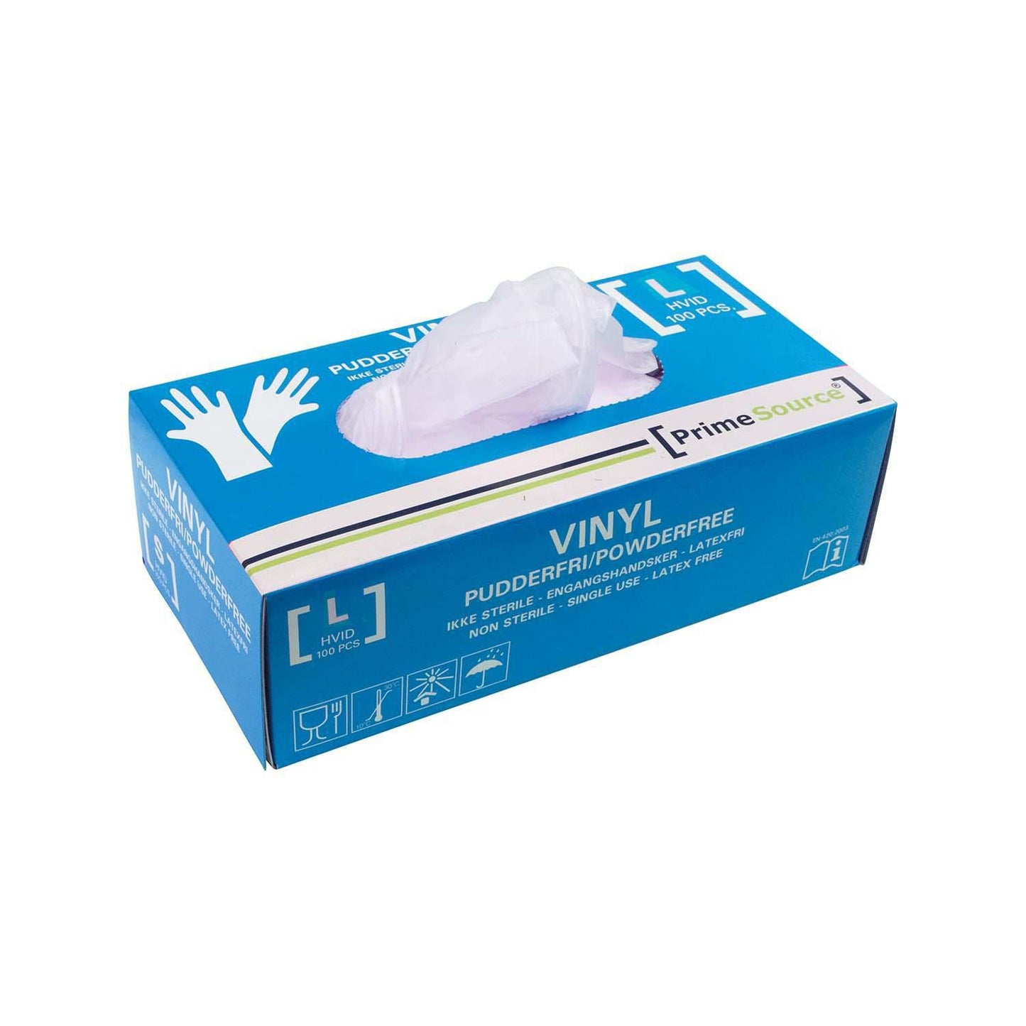 Handske Engangs Prime Source str L uden Pudder Vinyl AQL 1.5 Hvid,100 stk/pk