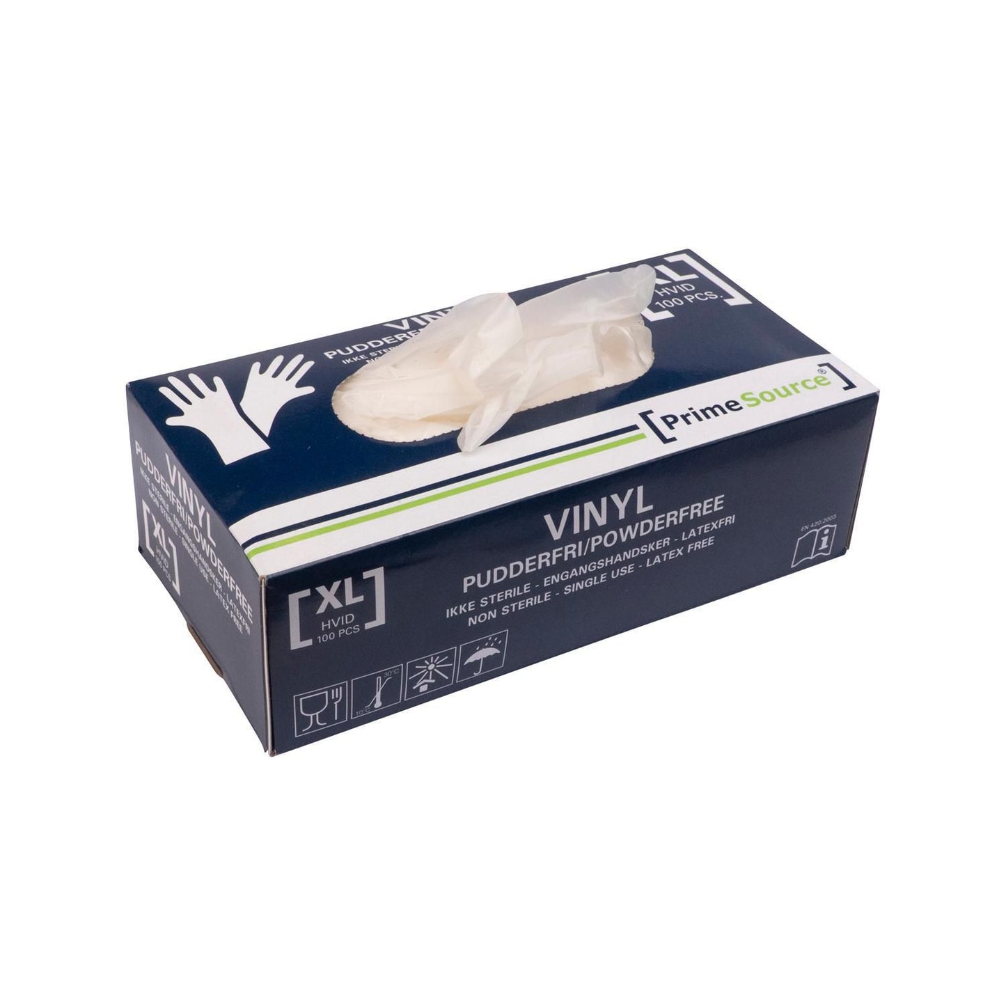 Handske Engangs Prime Source str XL uden Pudder Vinyl AQL 1.5 Hvid,100 stk/pk