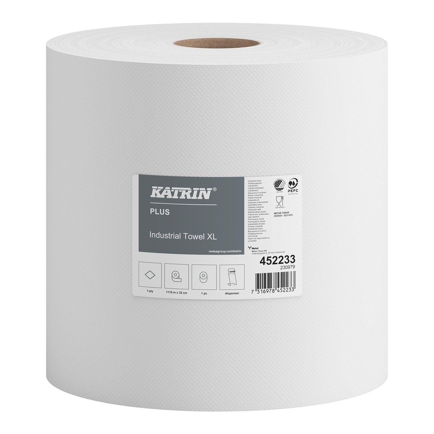 Aftørringsrulle Industri Katrin Plus 1-lag Ø37cm B32cmxL1110m Nyfiber Hvid,1 Rl