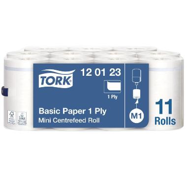 Håndklæderulle Tork Basic M1 mini 1-lag Ecolabel/FSC 120 m uden Hylse,11 rl/krt