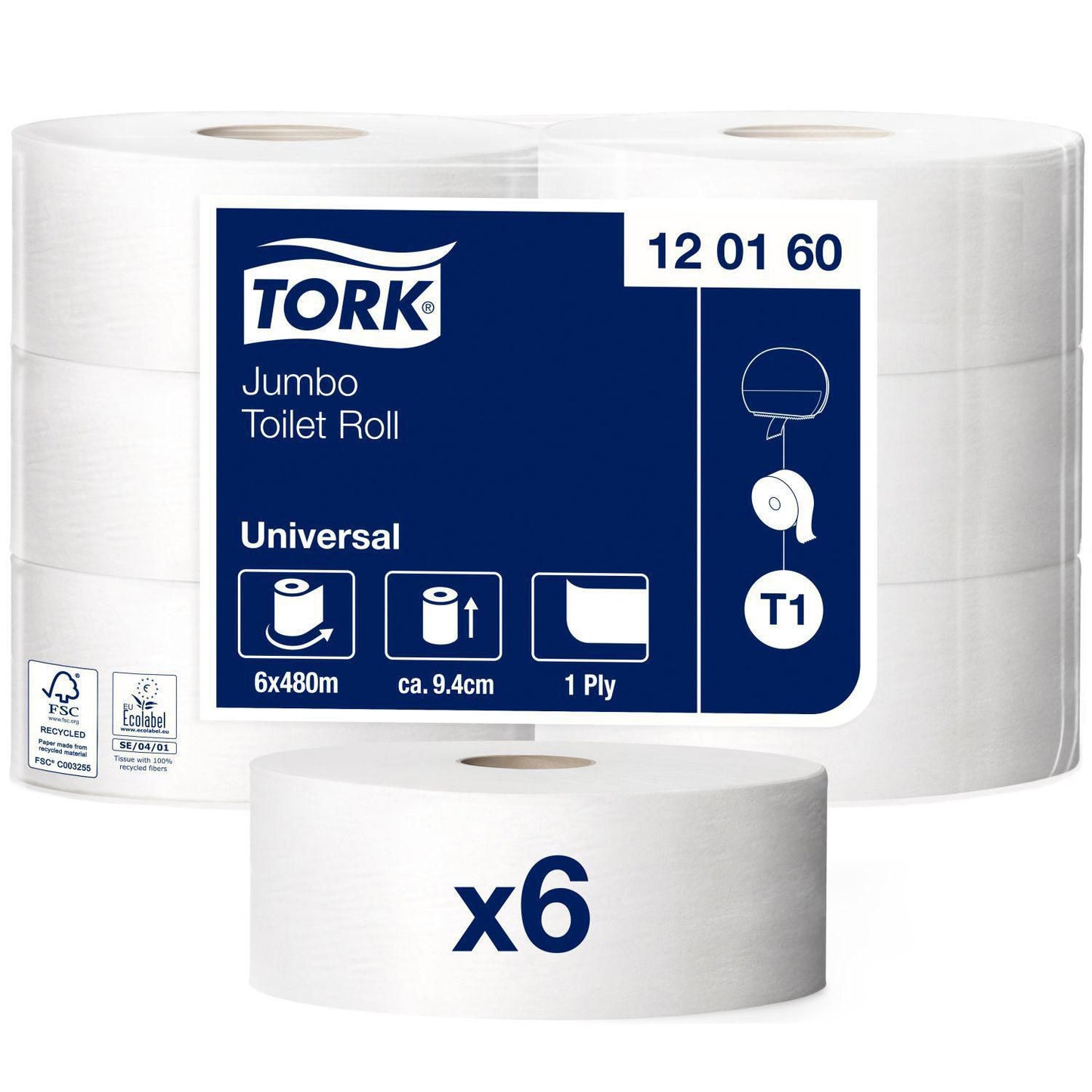 Toiletpapir Tork Universal T1 Jumbo 1-lag Ø26cm 480m,6 rl/krt