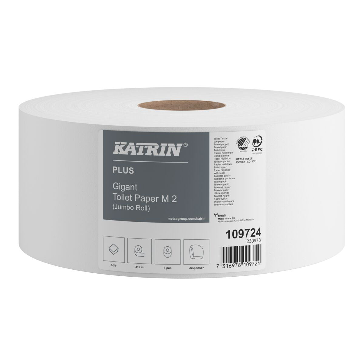 Toiletpapir Katrin Plus 2-lag Ø24 cm 310 m Uperforeret Hvid,6 rl/krt