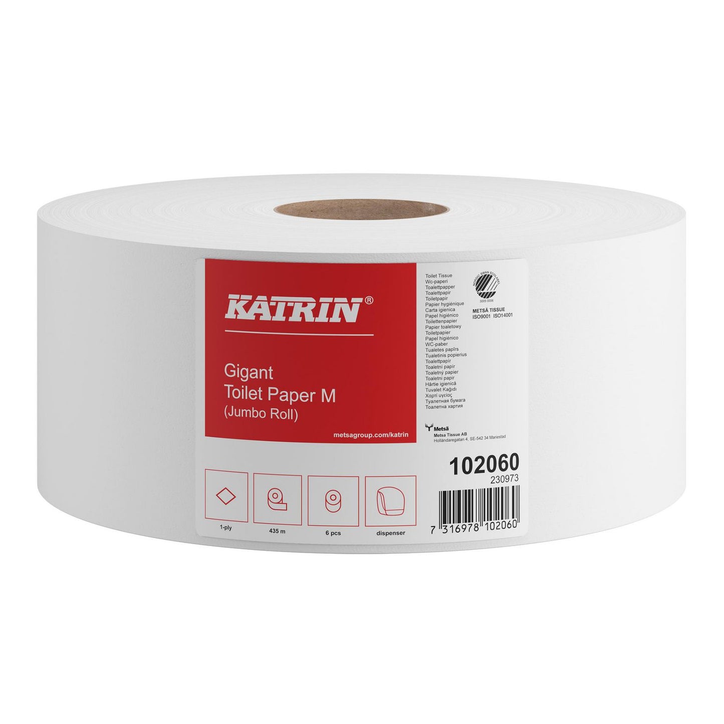 Toiletpapir Katrin Gigant Jumbo 1-lags Ø23.5xB9.8cmxL435m Uperfo. Mix Hvid,6 rl/krt