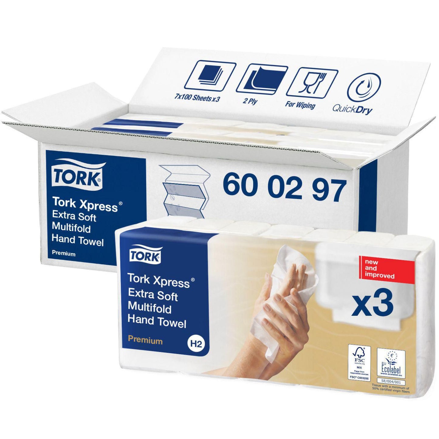 Håndklædeark Tork Premium H2 W-Fold 2-lag L34xB21.2xD8.5cm Nyfiber Hvid,3 pk x 700 stk/krt