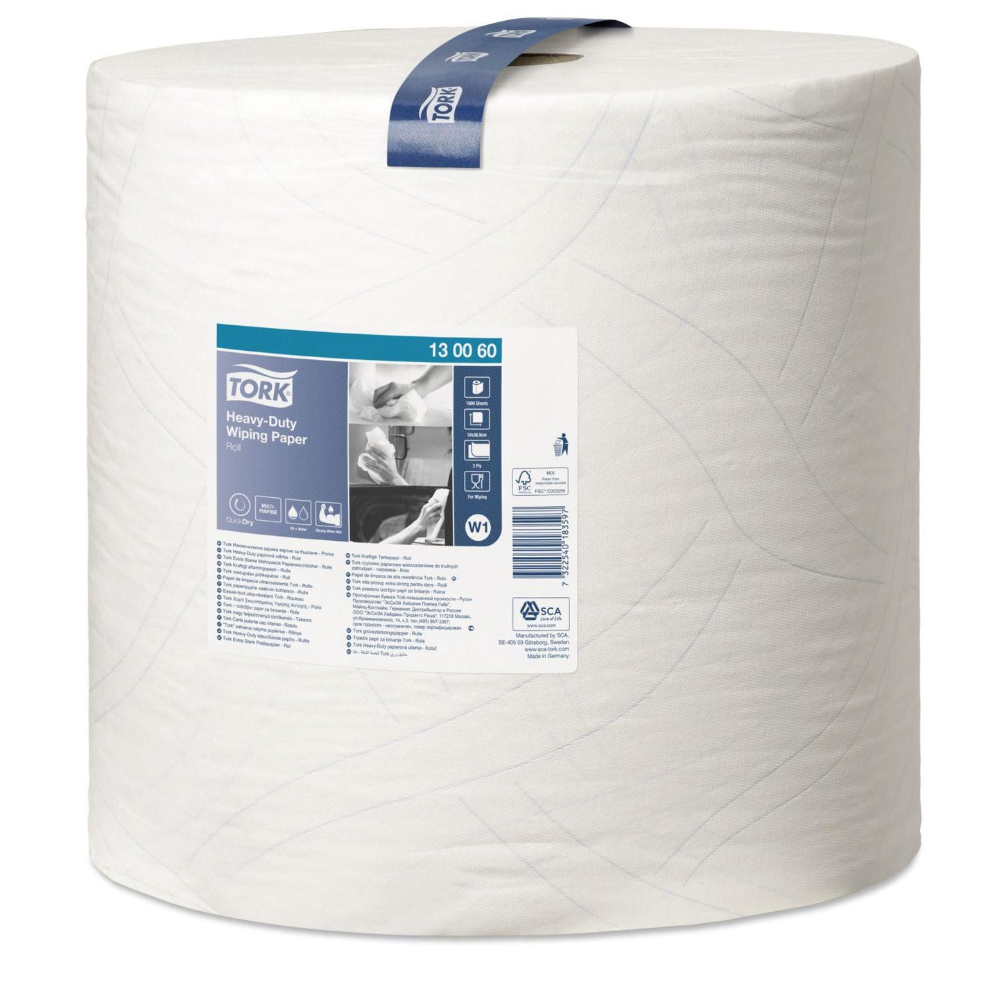 Aftørringsrulle Industri Tork W1 2-lag Ø37.5cm B36.9cmxL340m Nyfiber Hvid,1/krt