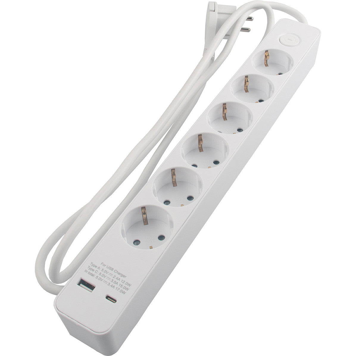 Stikdåse 6 udtag 2xUSB 1,5m