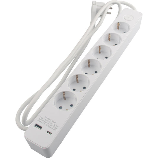 Stikdåse 6 udtag 2xUSB 1,5m