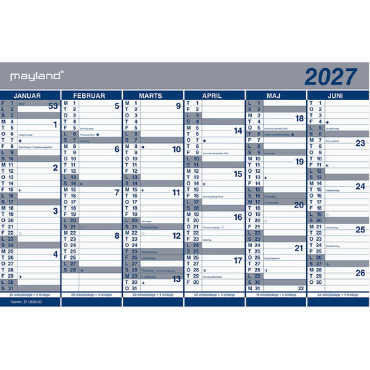 Mayland 2027 27063000 dobbelt halvårskalender 29x44cm blå