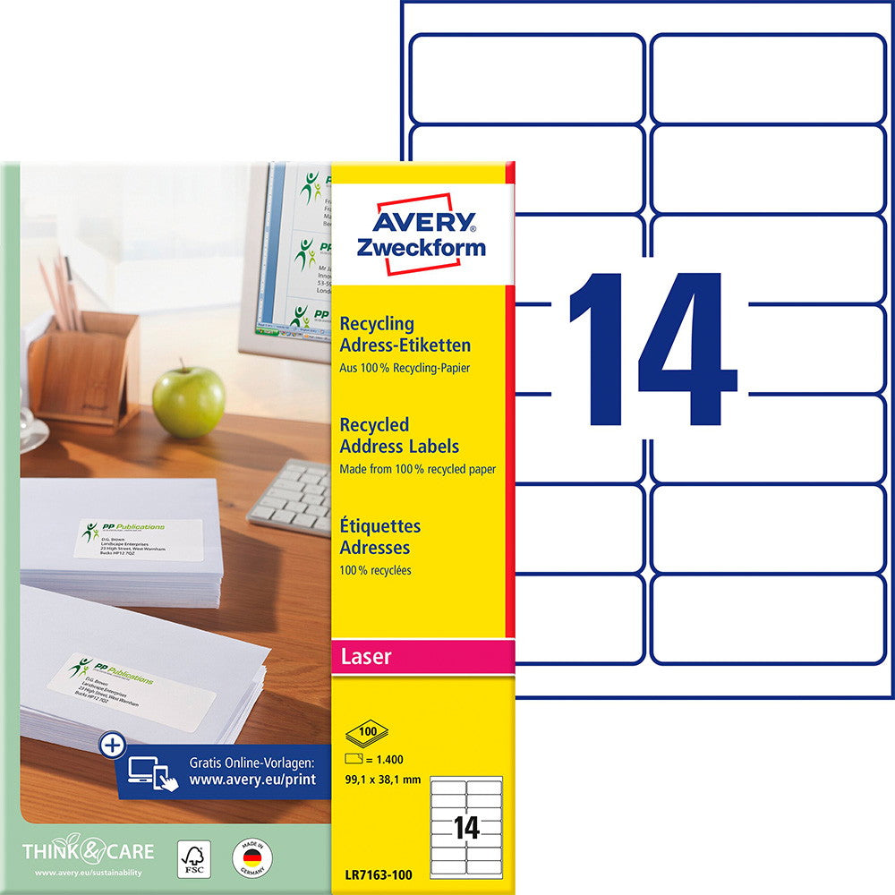 Avery LR7163-100 etiketter genbrugspapir 99,1x38,1mm råhvid