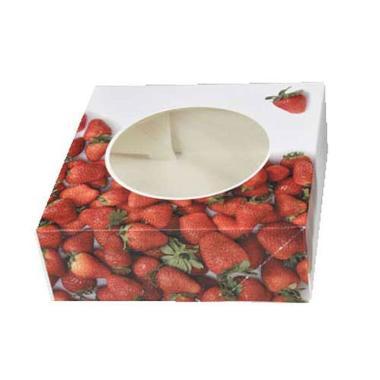 Kageæske hængslet låg jordbærdesign L200xB200xH70mm pap med rund rude hvid,100 stk/krt