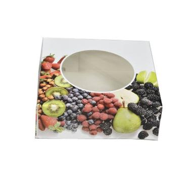 Kageæske hængslet låg frugtdesign L200xB200xH70mm pap med rund rude hvid,100 stk/krt
