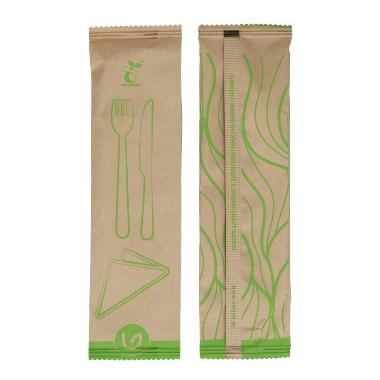 Bestikpose Verive L205xB60mm Voksbehandlet Træ FSC med Kniv Gaffel Serviet Natur,100 stk/pk
