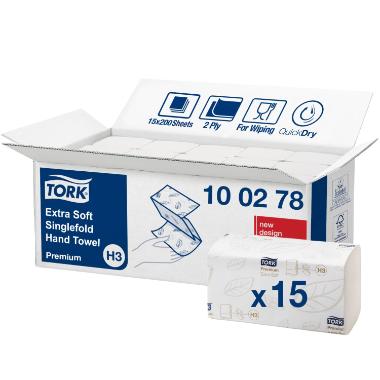Håndklædeark Tork Premium H3 V-Fold 2-lag L23xB22.6cxD11.5cm Nyfiber Hvid,15 pk x 200 stk/krt
