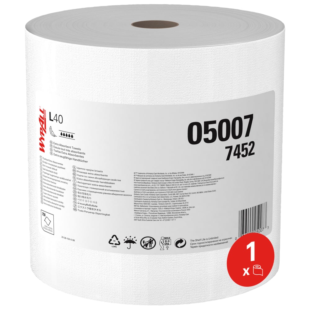 Aftørringsrulle Industri Wypall L40 1-lag Perfo. Ø41xB34cmxL255m Nyfiber Hvid,1 rl/krt