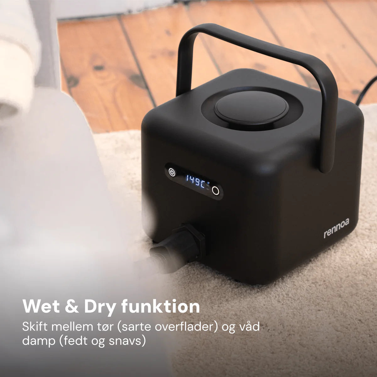 Rennoa SteamCleaner Pro damprenser i sort med digitalt display og bærehåndtag på gulv