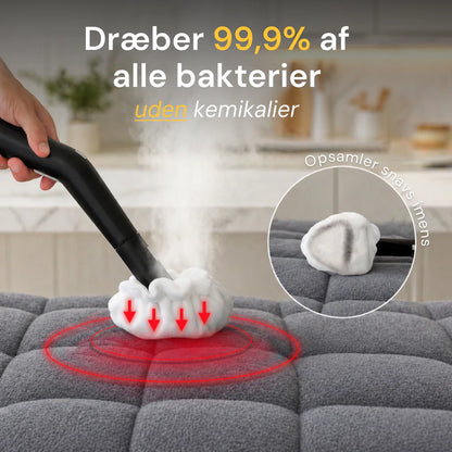 Rennoa™ SteamCleaner Pro damprenser med sort håndtag renser grå stof sofa uden kemikalier