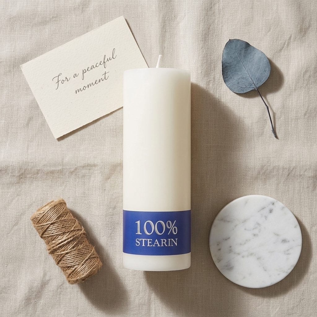 Hvid bloklys af 100% stearin med blåt bånd, omgivet af marmorskål, tørret eukalyptusblad og naturgarn på beige lintextil.