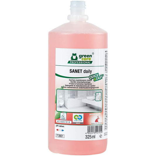 Sanitetsrengøring, Green Care Professional SANET Daily, 6 x 325 ml, Quick & Easy, sur/kalkhæmmende, med farve og parfume
