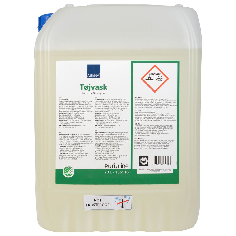 Tøjvask, Puri-Line, 20 l, flydende, kulørt og hvidt, uden farve og parfume