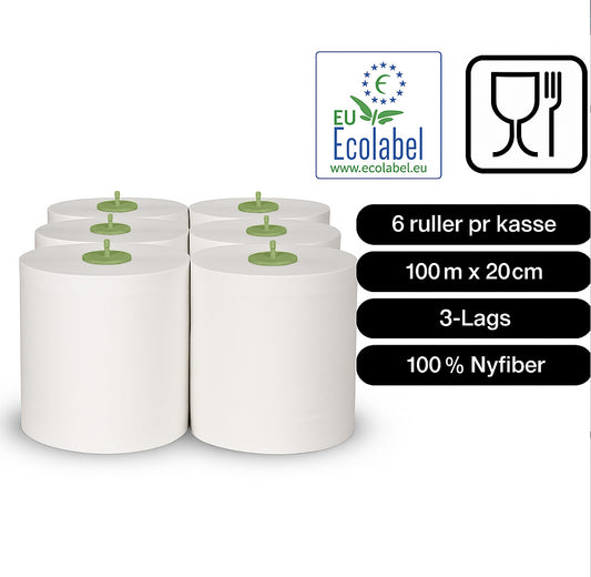 Håndklæderulle i Premium kvalitet – 100 m, 3-lags nyfiber, fast kerne (6 ruller)