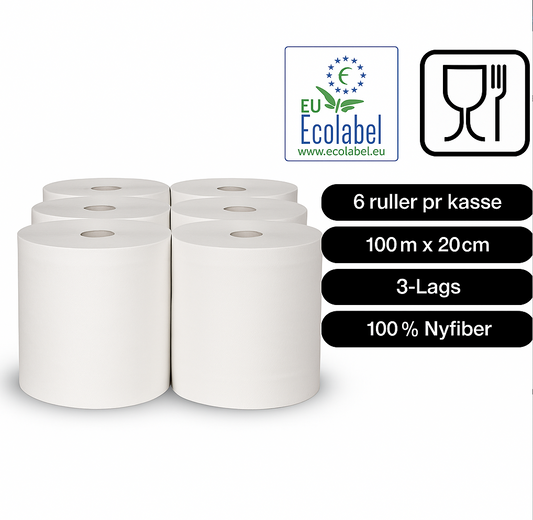 Håndklæderulle i Premium kvalitet – 100 m, 3-lags nyfiber, fast kerne (6 ruller)